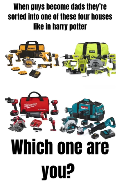When guys become dads they're sorted into one of these four houses like in harry potter.  Which one are you? 

{Pictures of Dewalt, Ryobi, Makita, Milwaukee bags of tools)