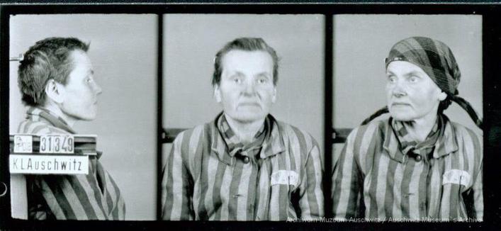 A mugshot registration photograph from Auschwitz. A woman wearing a striped uniform photographed in three positions (profile and front with a bare head and a photo with a slightly turned head with a headscarf on). The prisoner number is visible on a marking board on the left.