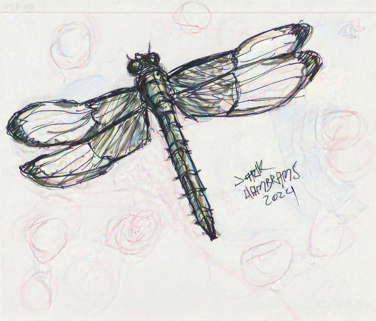 Pen and colored pencil drawing of a dragonfly
